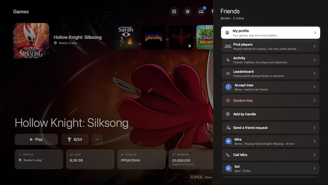 The friends panel: profile, activity, leaderboard, requests and friends to call