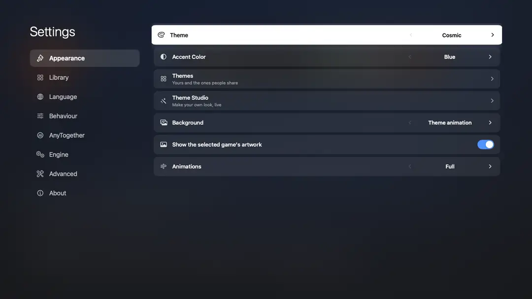 Settings: theme, accent colour, background, artwork and animations