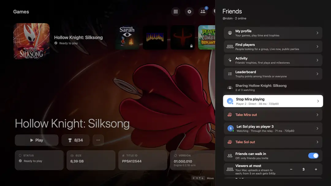 The host's side of share play in the Mac launcher