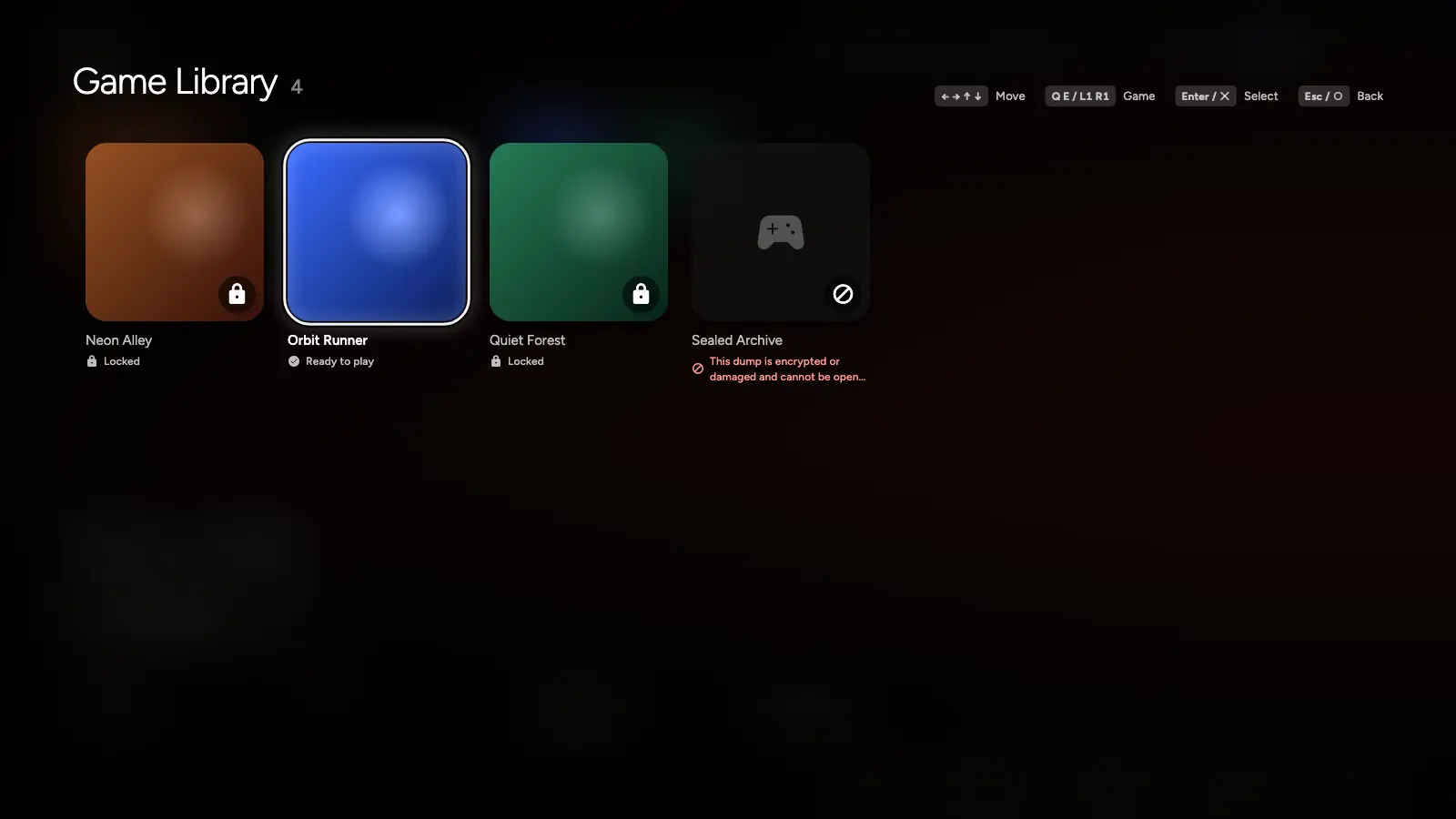 The library with four demo games, one locked and one damaged