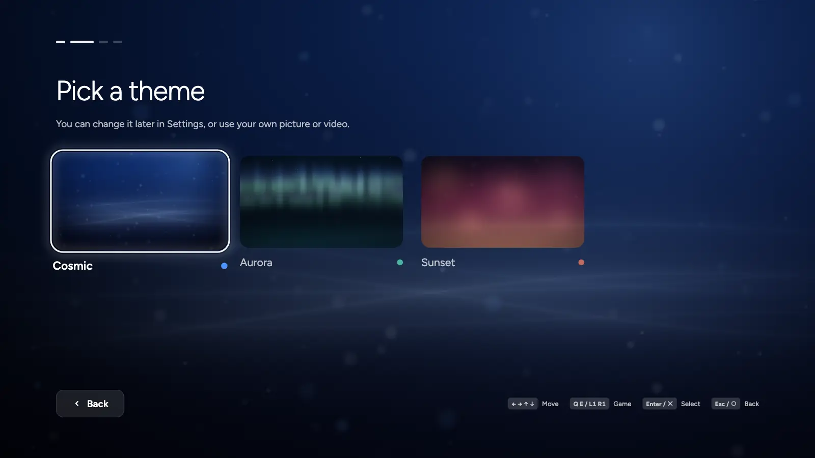 First start: picking one of three animated themes
