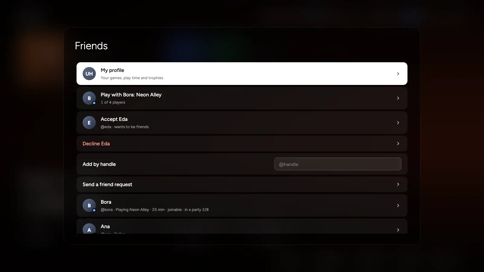 The friends panel: your profile, a friend's game to join, requests