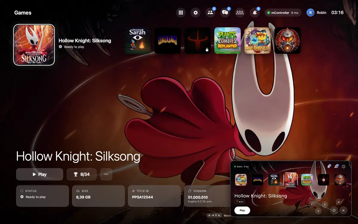 The Mac launcher with the phone connected, its screen in the corner