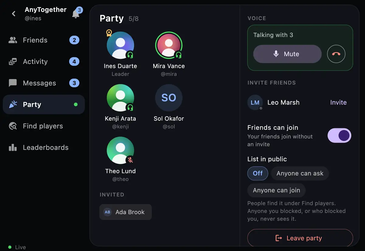 A party on the phone: five members, one speaking, one muted, voice on