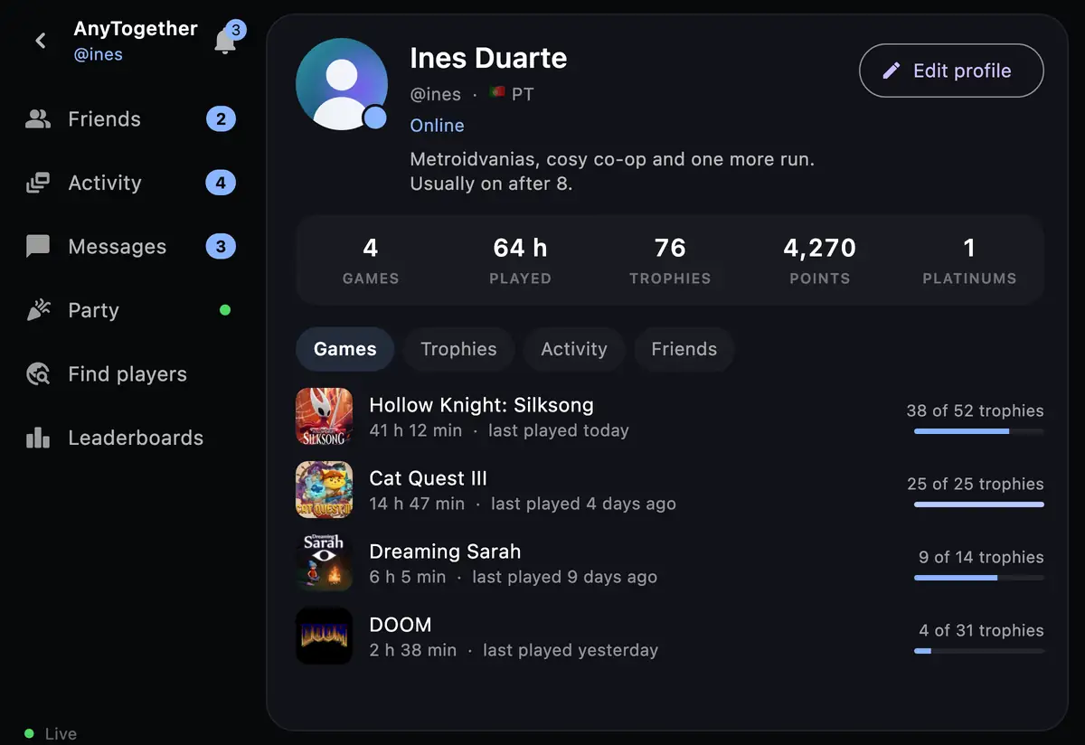 Your profile on the phone: games, hours, trophies and points