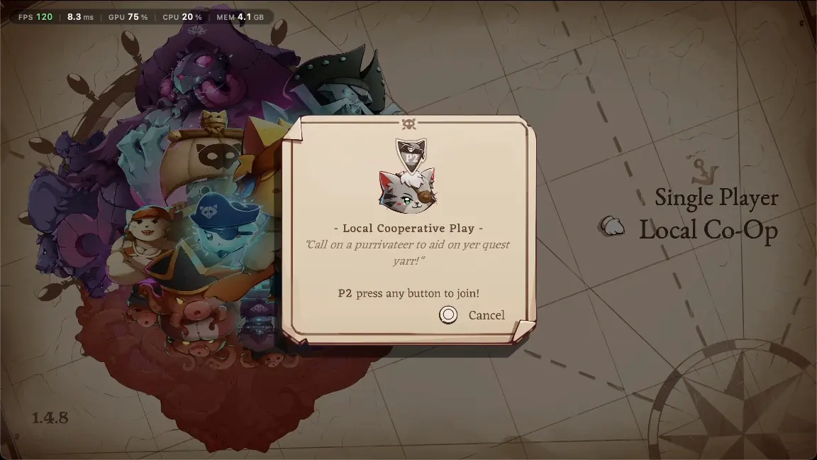 Cat Quest III's local co-op screen in the friend's browser: P2 press any button to join