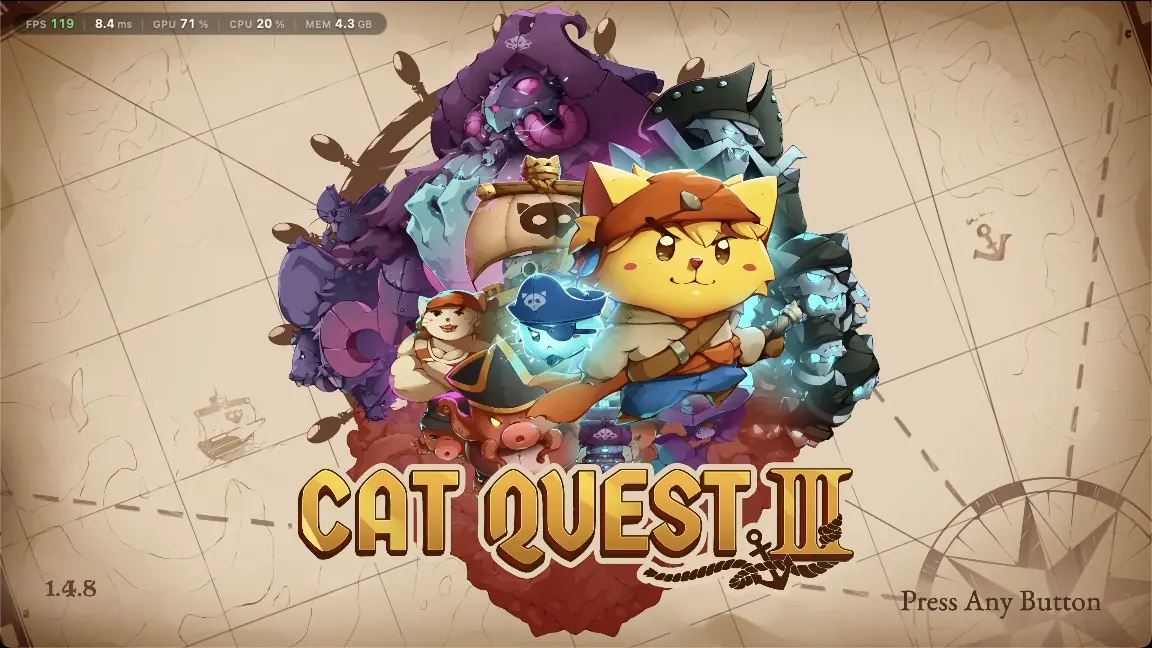 The host's Mac launcher sharing Cat Quest III, the friend playing as player 2, direct