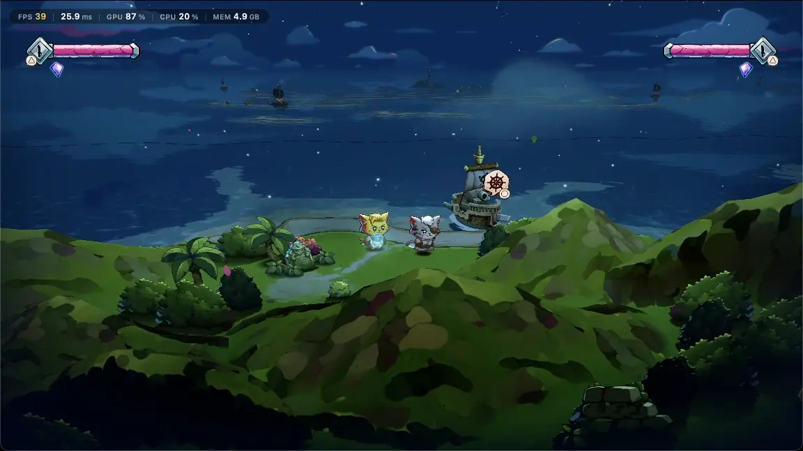 Cat Quest III streamed to a friend's browser: both cats in the world, the friend playing as player 2