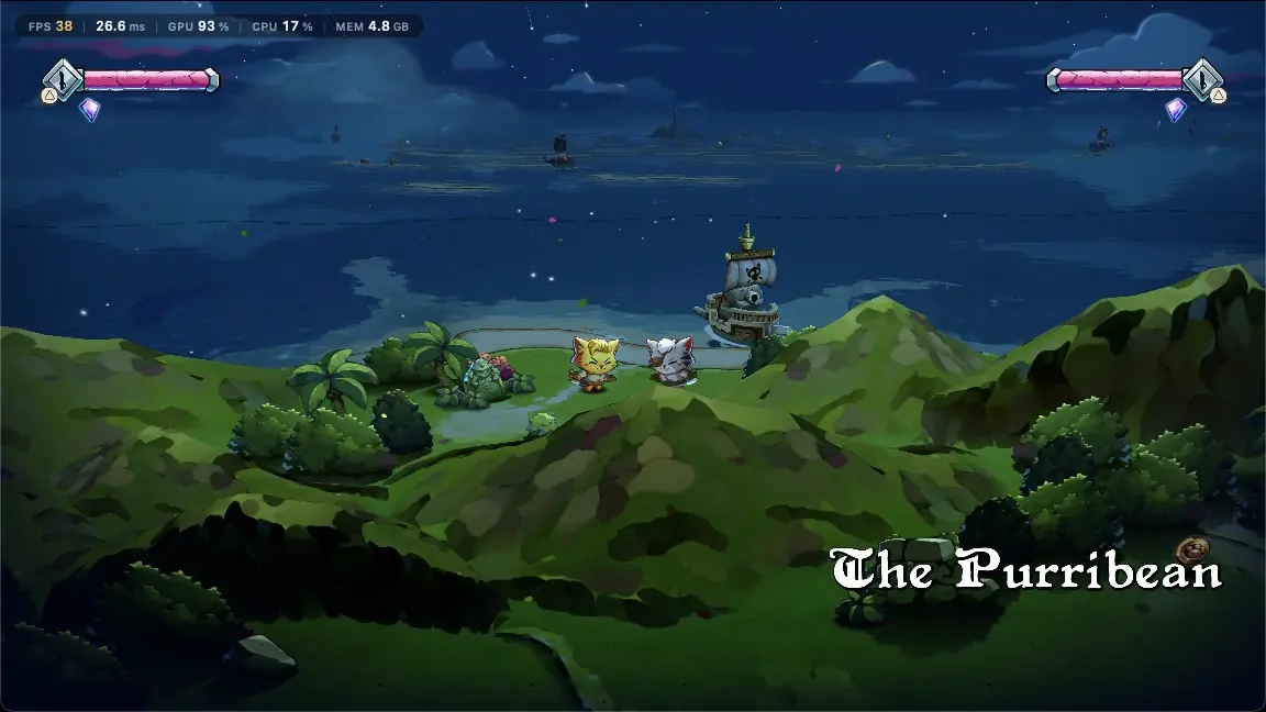 Cat Quest III streamed to a friend's browser: both cats in the world, the friend playing as player 2