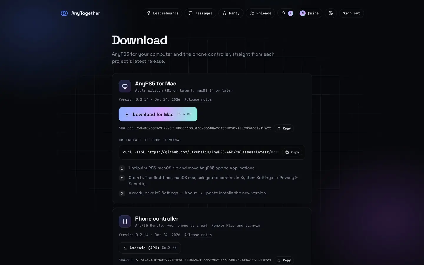 The download page: AnyPS5 for Mac with checksum and the Terminal line, the phone controller